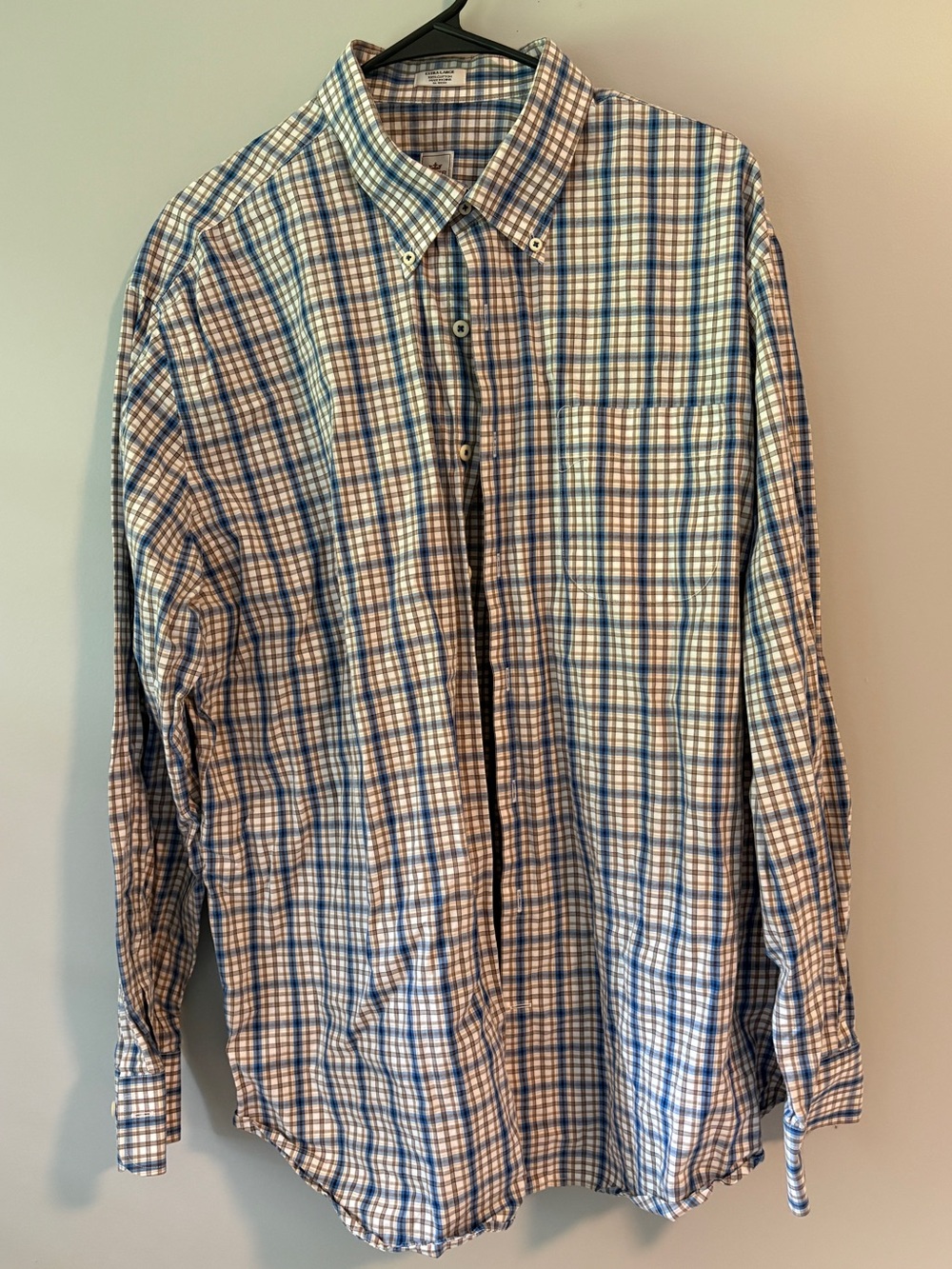 👑 Peter Millar Mens XL Blue Tan Plaid Button Down Shirt Long Sleeve Cotton